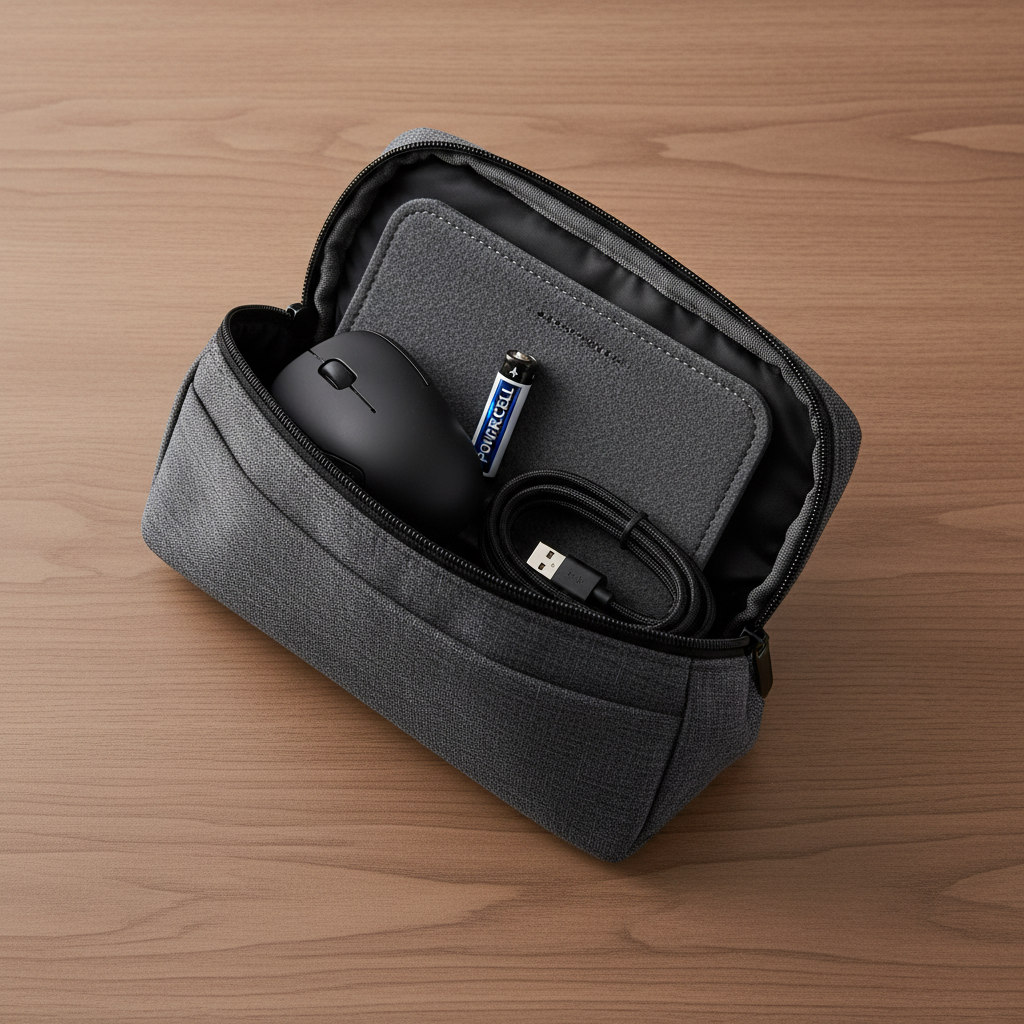 Travel mouse essentials including a small mouse pad and spare battery in a tech pouch