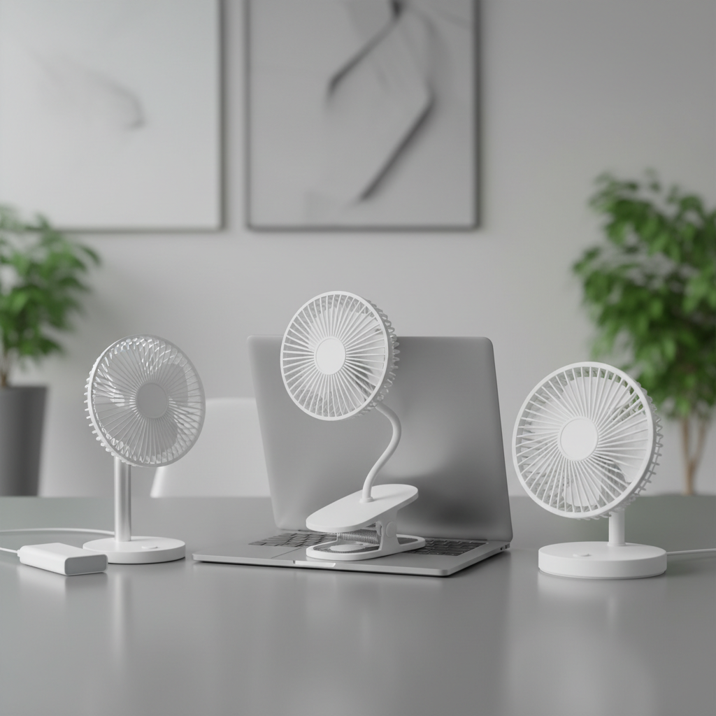 Comparison of desk fan types on a table in a small office