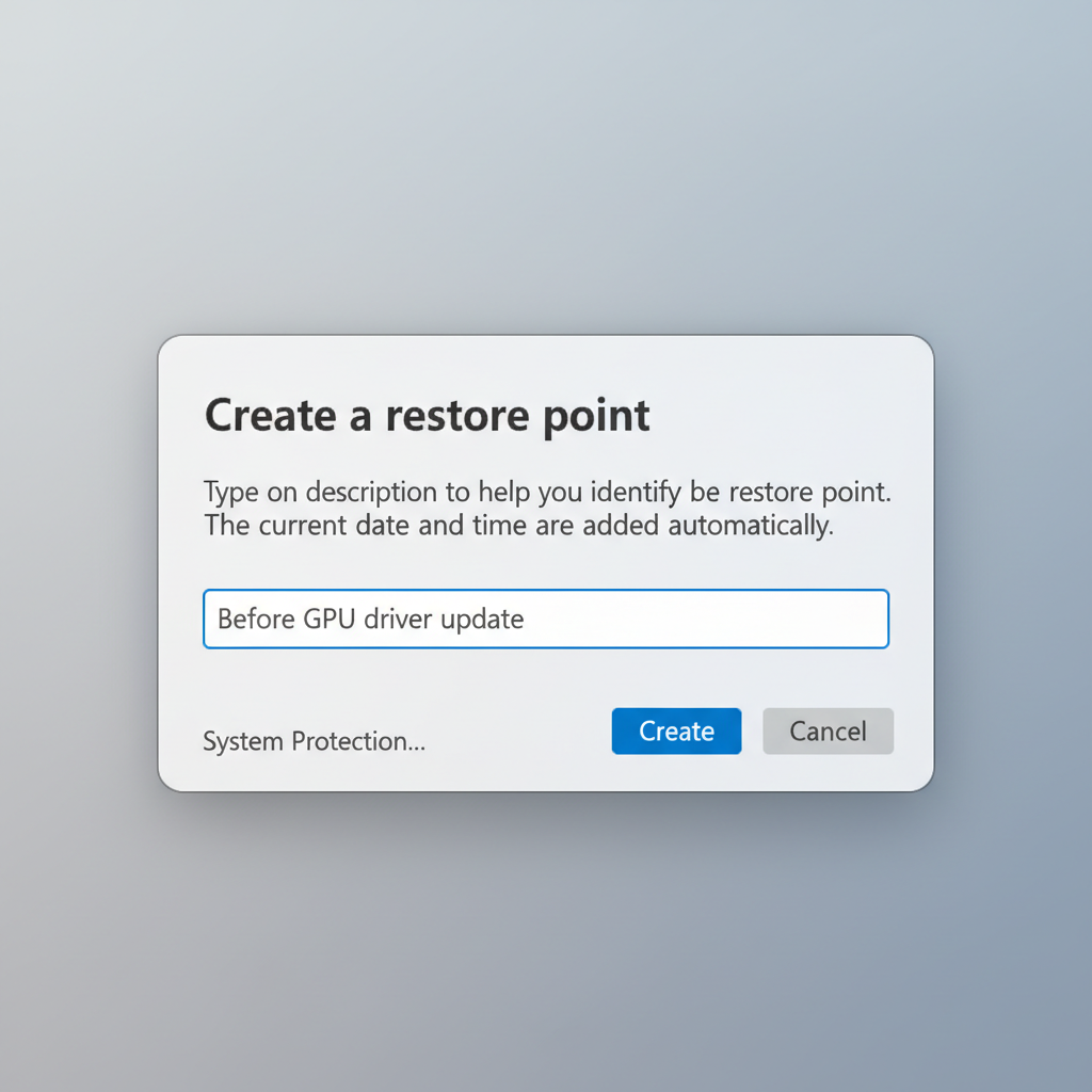 Windows 11 Create a restore point dialog showing a restore point name