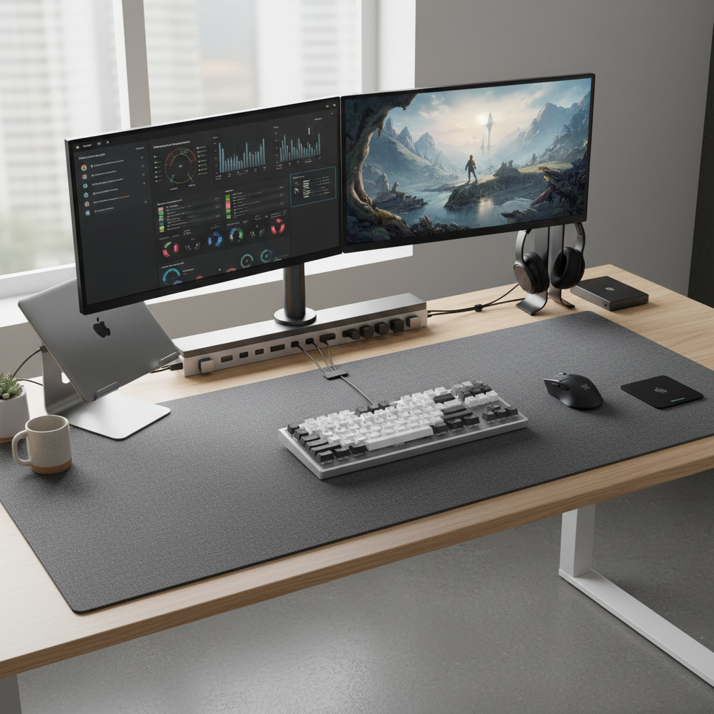 Office and gaming desk setup with an extended desk mat under keyboard and mouse