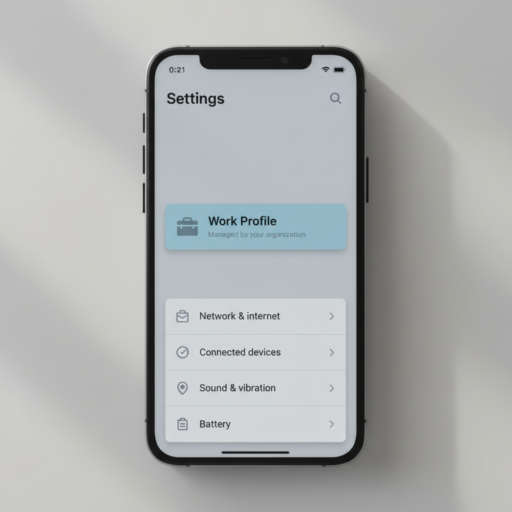 Android settings screen highlighting work profile and managed device indicators