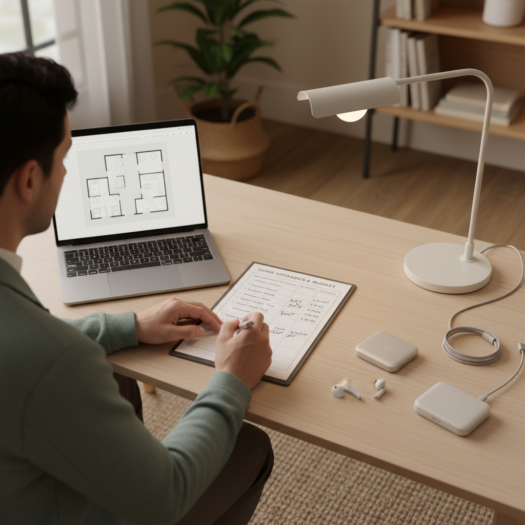 Person evaluating home office upgrades with a checklist and budget notes