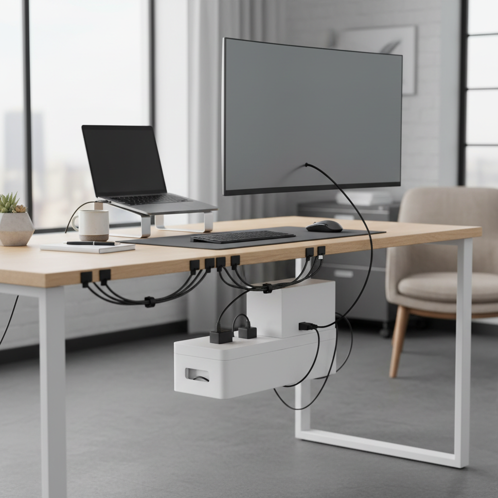 Cable management on desk with clips, power strip box, and neatly routed USB-C cables