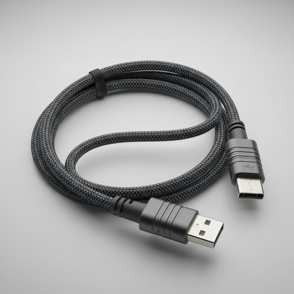 Durable USB-C cable construction with reinforced strain relief and braided jacket