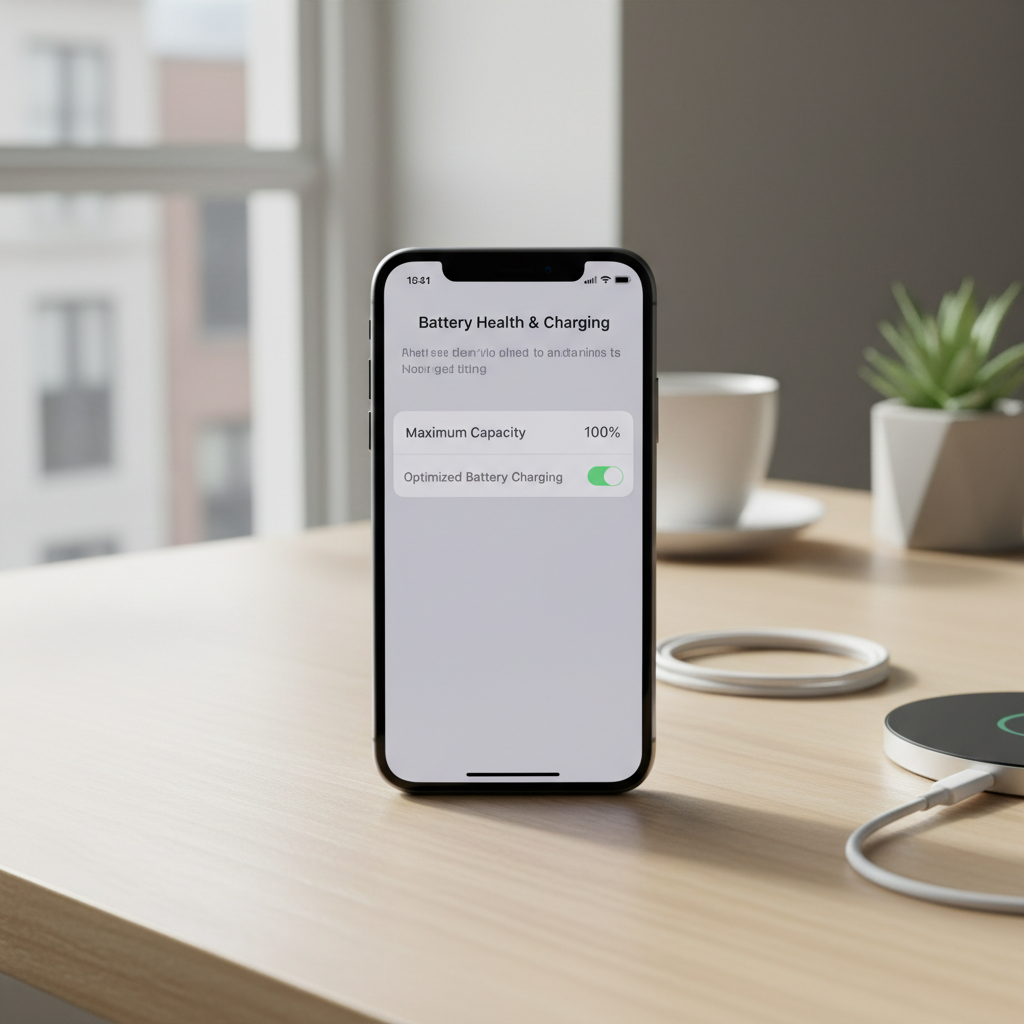iPhone Battery Health screen showing maximum capacity and optimized charging