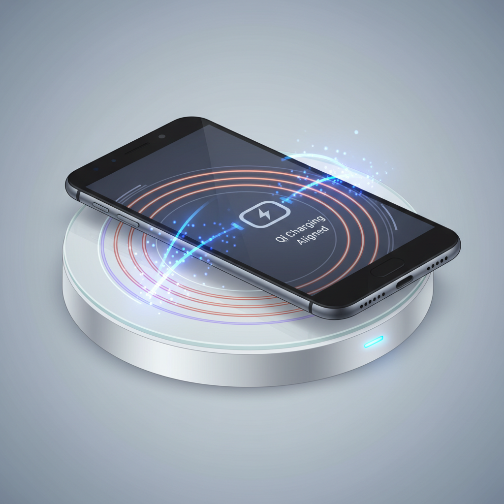 Close-up of Qi wireless charging coil alignment with Android phone