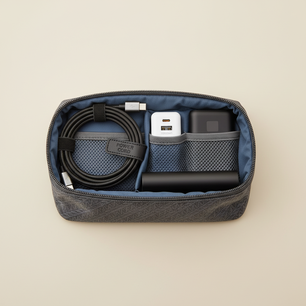 Travel pouch with USB-C cables, charger, and power bank for fast charging