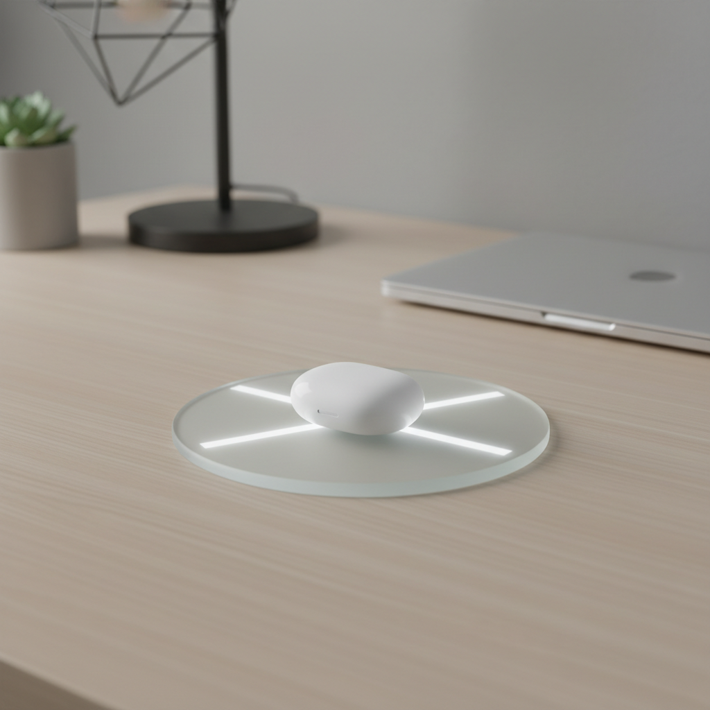 Wireless earbuds case on a Qi charging pad with alignment indicators