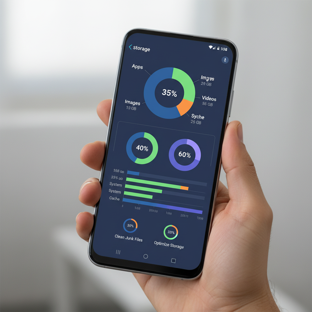 Android storage management overview showing categories like apps, images, videos, and cache