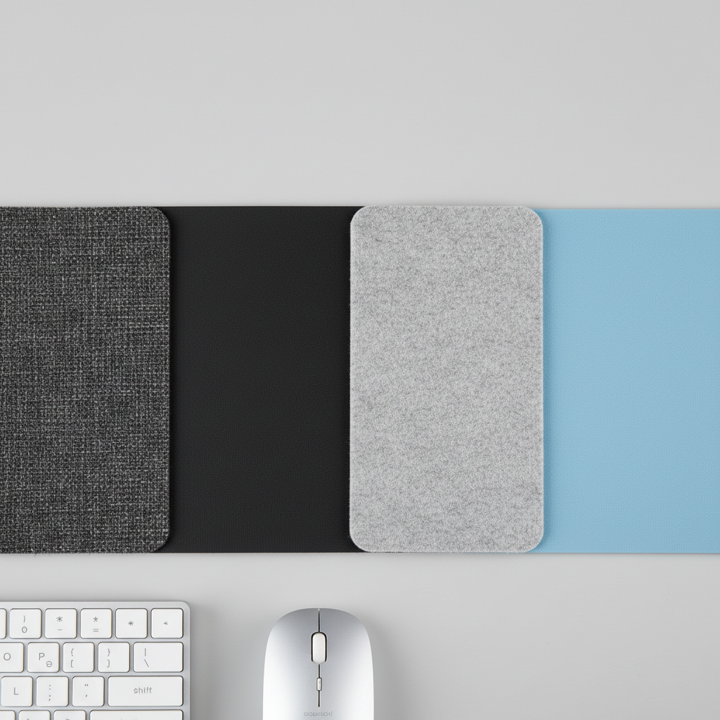 Close-up of desk mat materials cloth leather felt and hard surface comparison