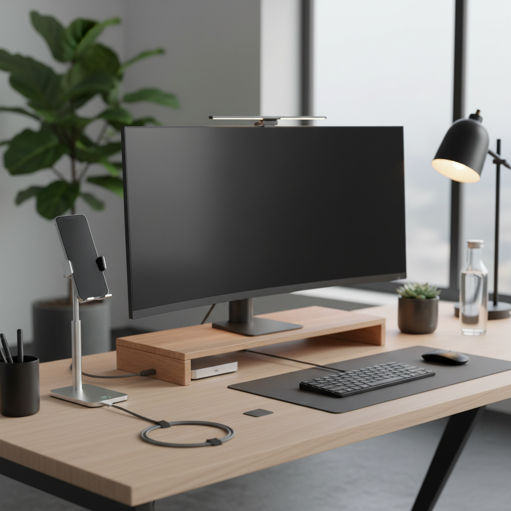 Phone holder positioned next to a computer monitor for ergonomic viewing