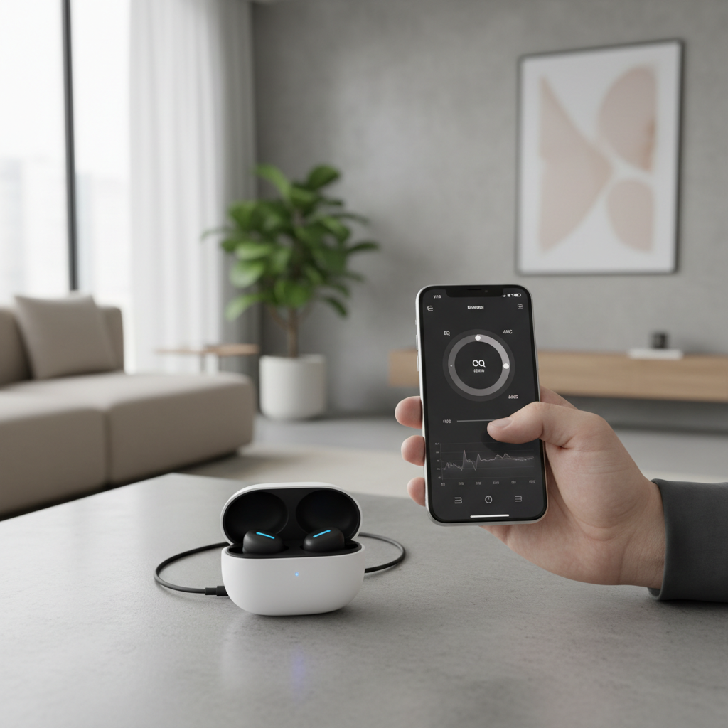 Person comparing wireless earbuds features on a smartphone app next to charging case