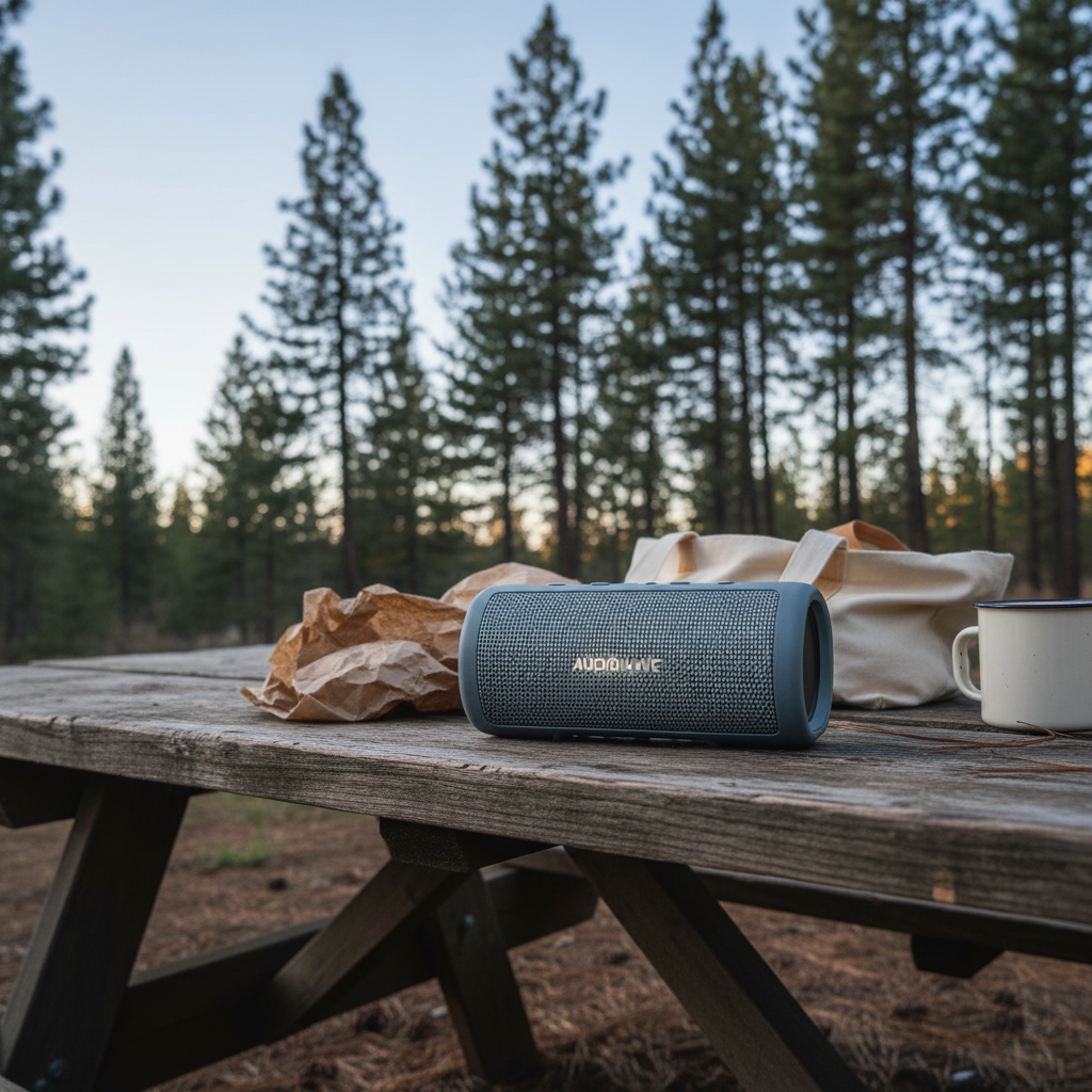 Portable Bluetooth speaker on a picnic table at a campsite outdoors