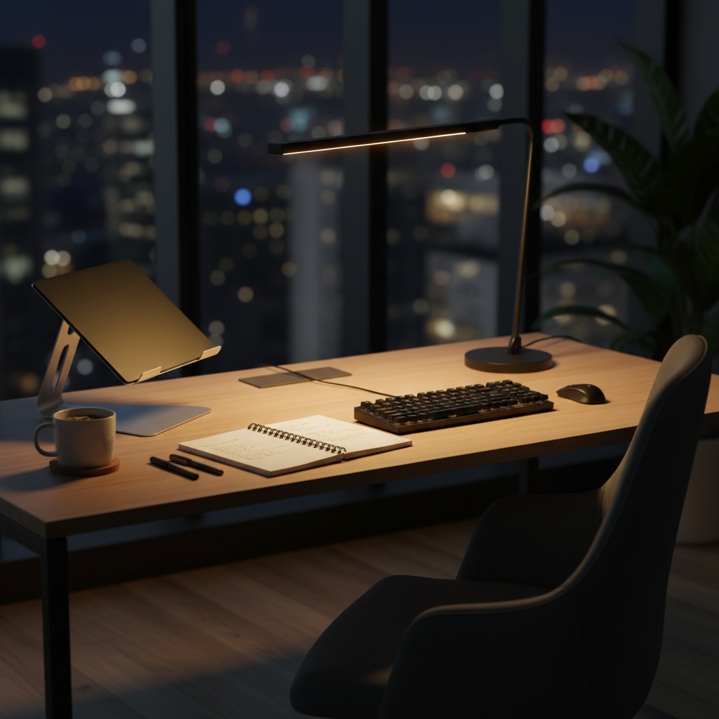 Modern study desk with adjustable LED desk lamp lighting a notebook and keyboard