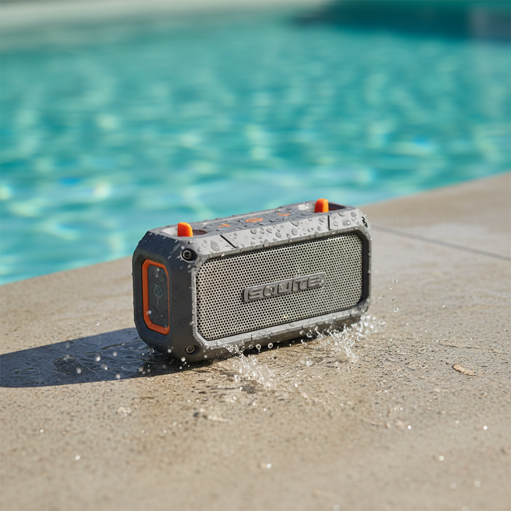 Rugged waterproof Bluetooth speaker near a pool with water splashes