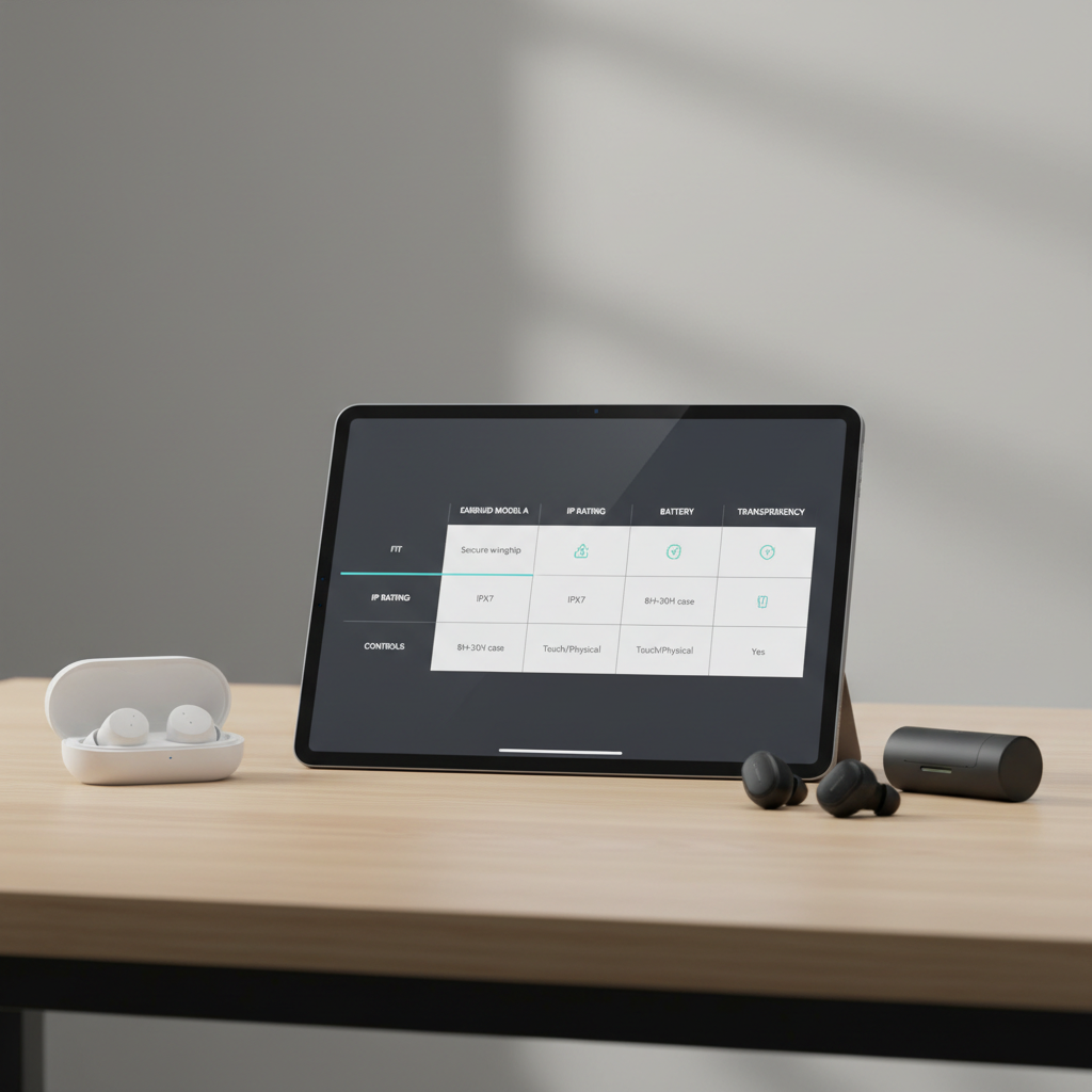 Comparison table concept for running earbuds features like fit, IP rating, and battery