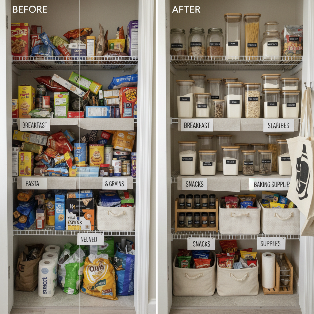 Small pantry before and after budget organization with simple labeled zones