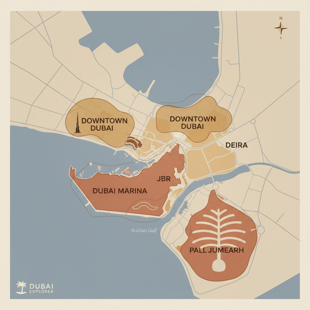 Dubai neighborhood map concept for tourists choosing where to stay