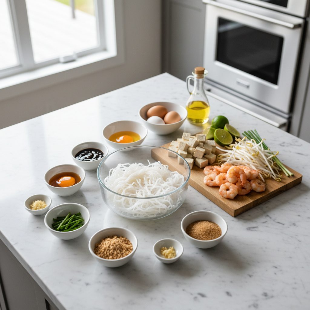 Home kitchen mise en place for easy authentic Pad Thai ingredients