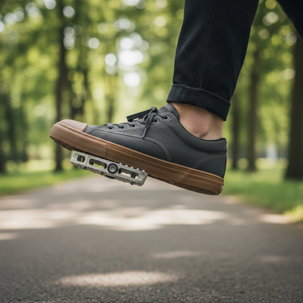 Flat platform bike pedal supporting a rider with flat feet