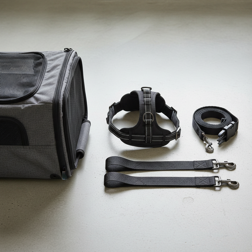 Different dog car safety options: harness, crate, and carrier laid out