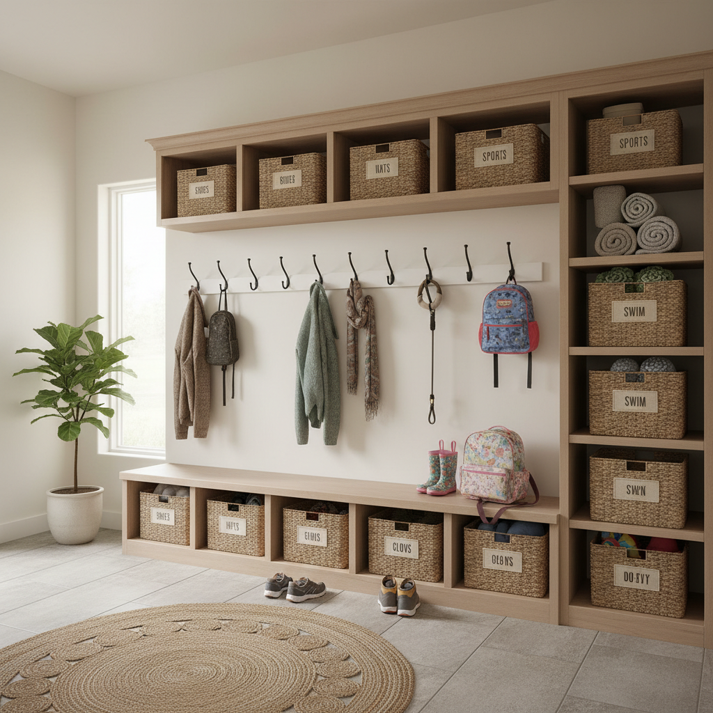 Family mudroom with hooks, bench, and labeled storage bins