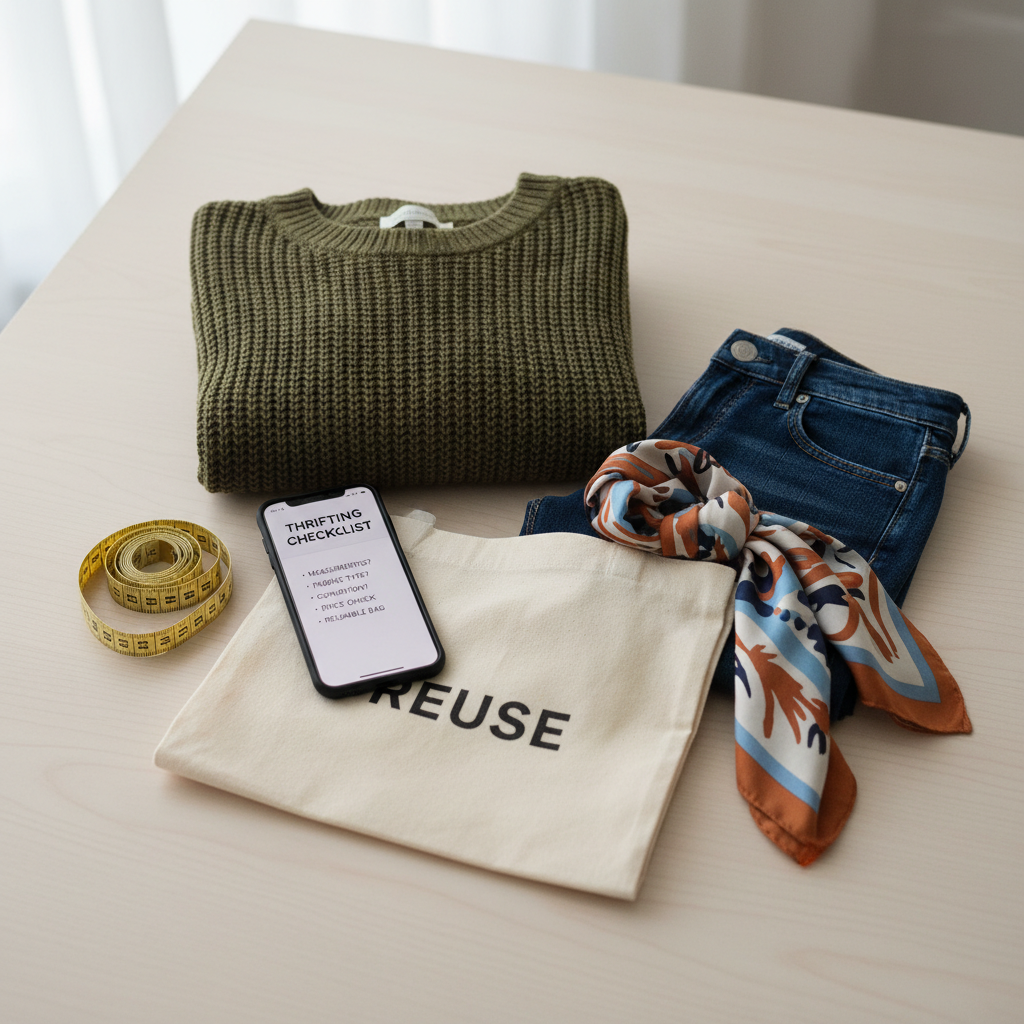 Beginner thrifting checklist with phone notes, measuring tape, and clothing finds