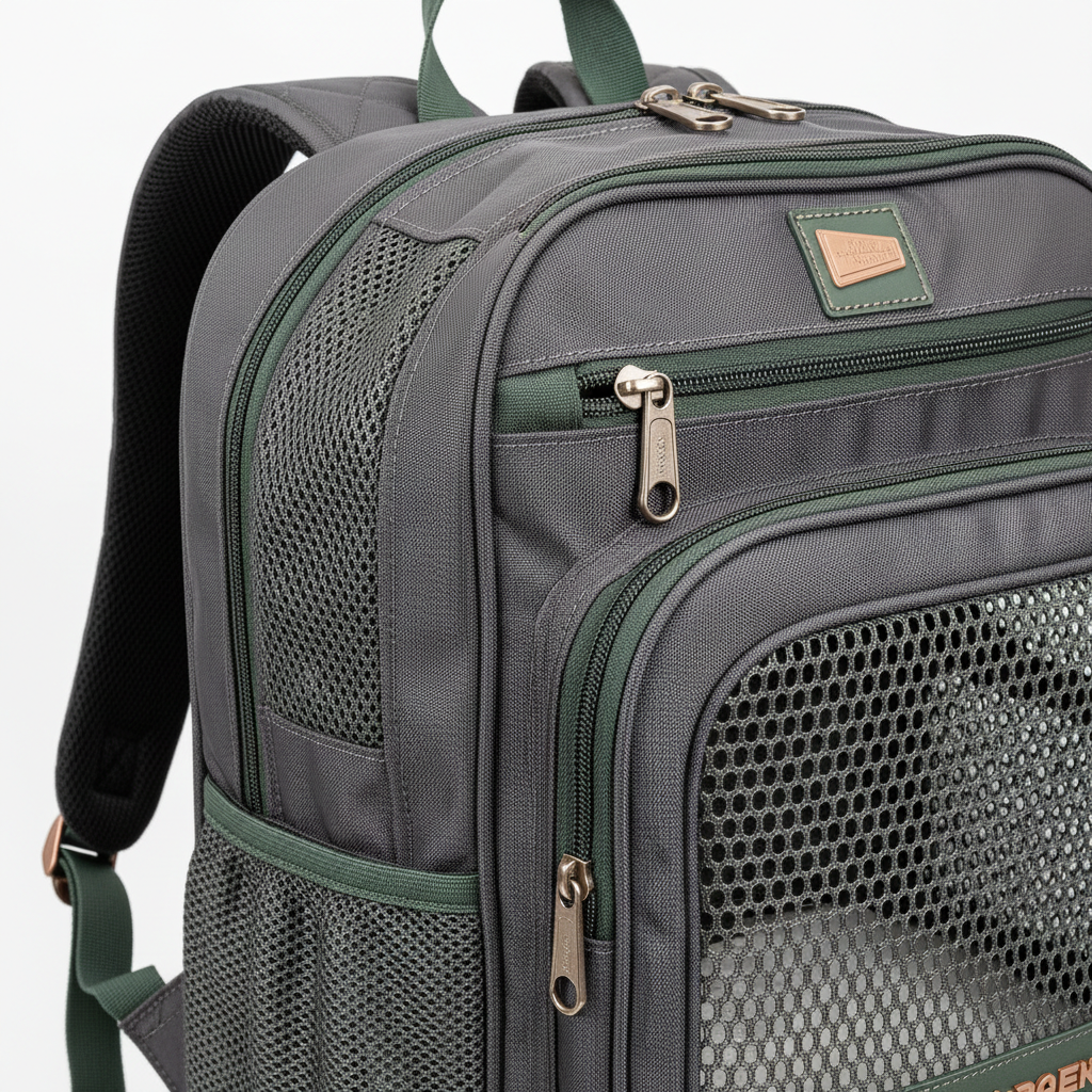 Close-up of a high-ventilation backpack cat carrier with reinforced stitching and mesh panels