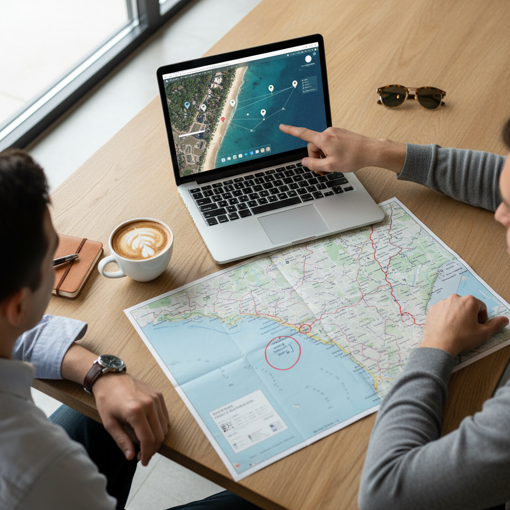 Travelers comparing beach destinations on a map and laptop