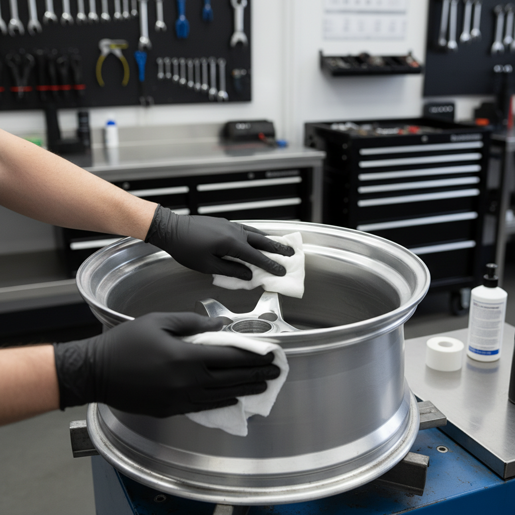 Cleaning wheel barrel before applying adhesive stick-on wheel weights