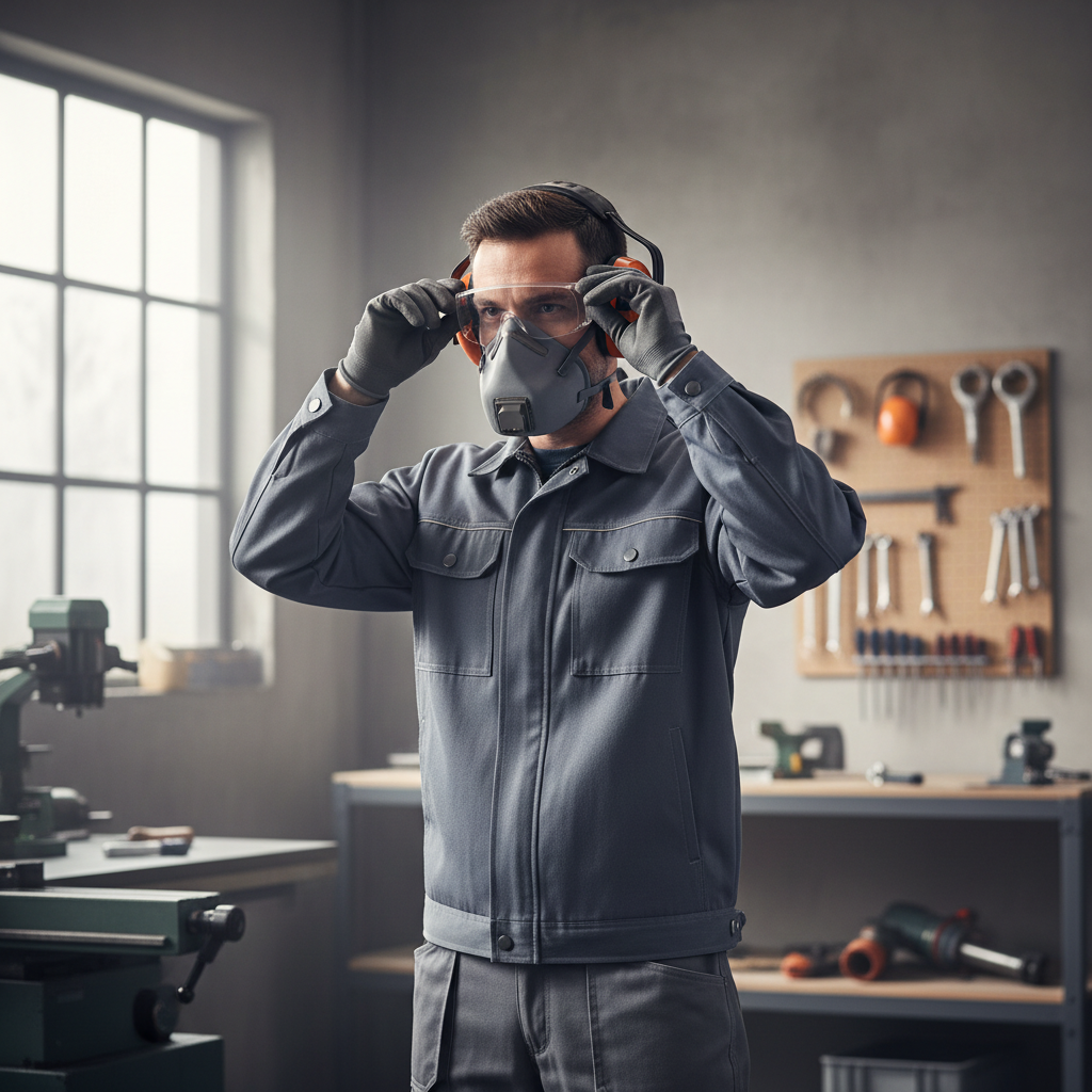 Worker adjusting safety glasses for proper fit while wearing earmuffs and a dust mask
