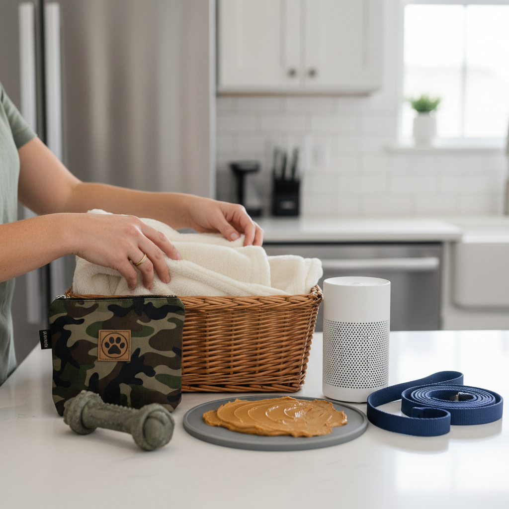 Owner preparing a dog calm kit with treats, chew, and white noise speaker