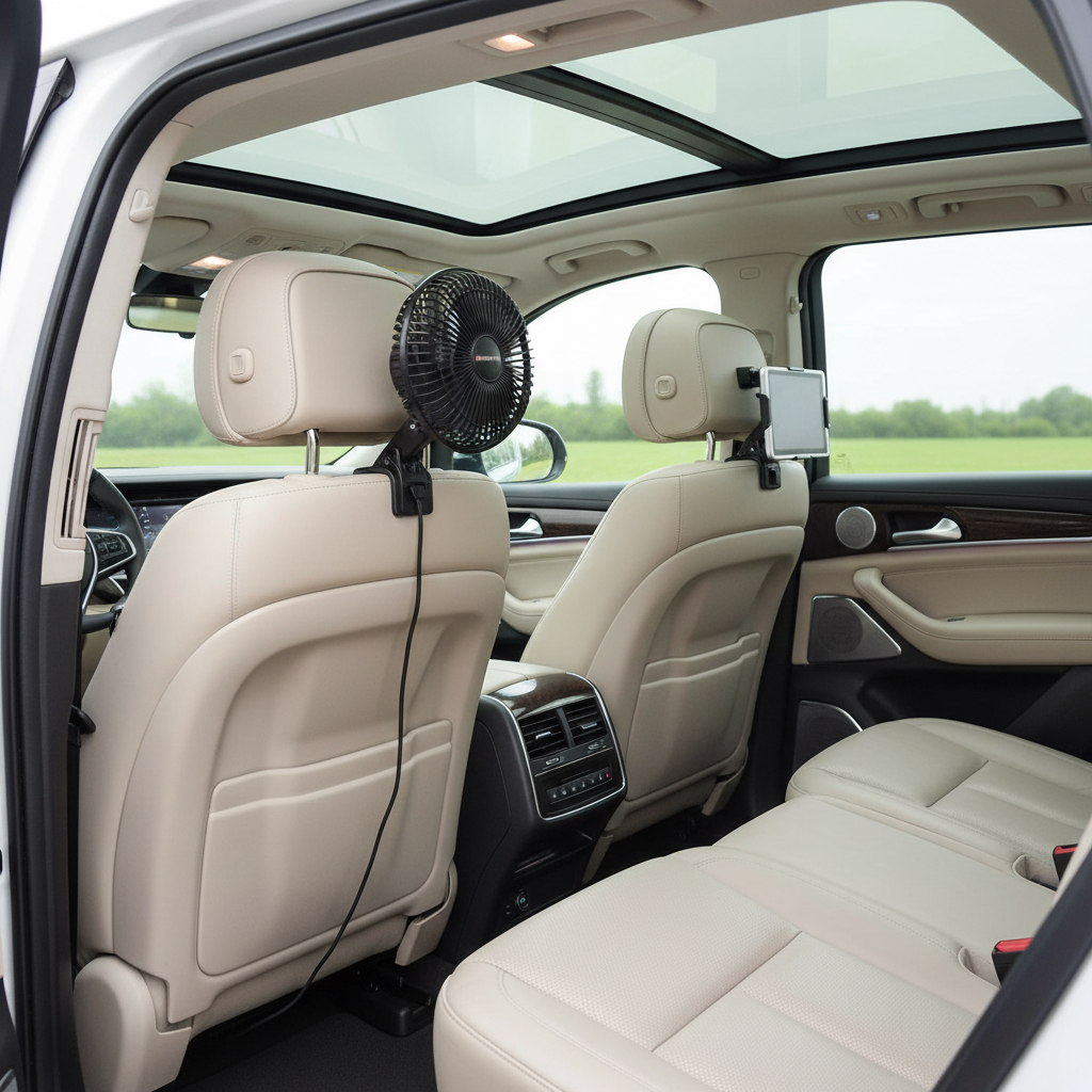 USB car fan cooling rear seat passengers in an SUV