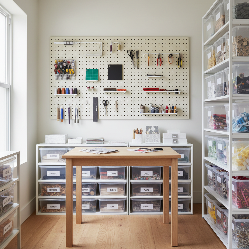 Budget craft room organization with clear bins, labels, and wall storage