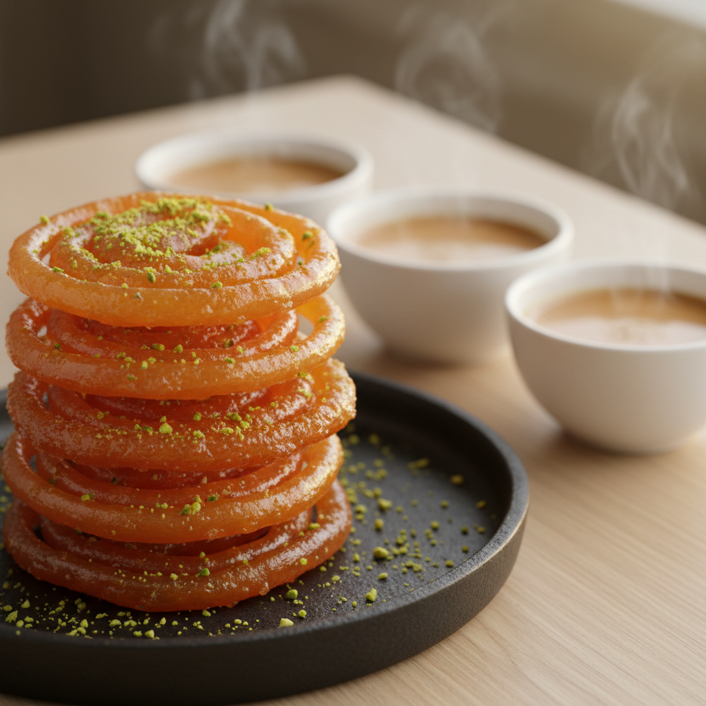 Serving crispy sweet jalebi on a platter with pistachios