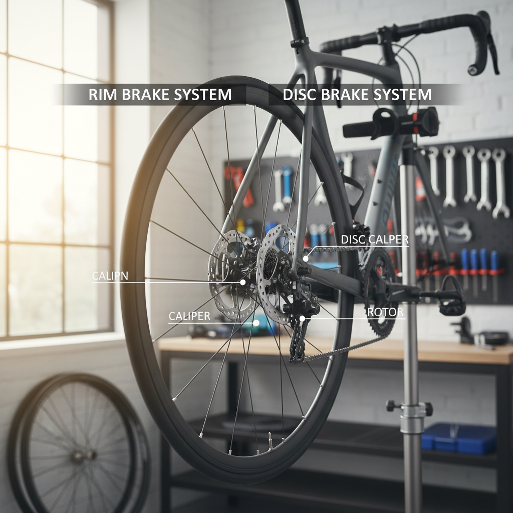 Bike brake types rim brake and disc brake comparison on a bicycle