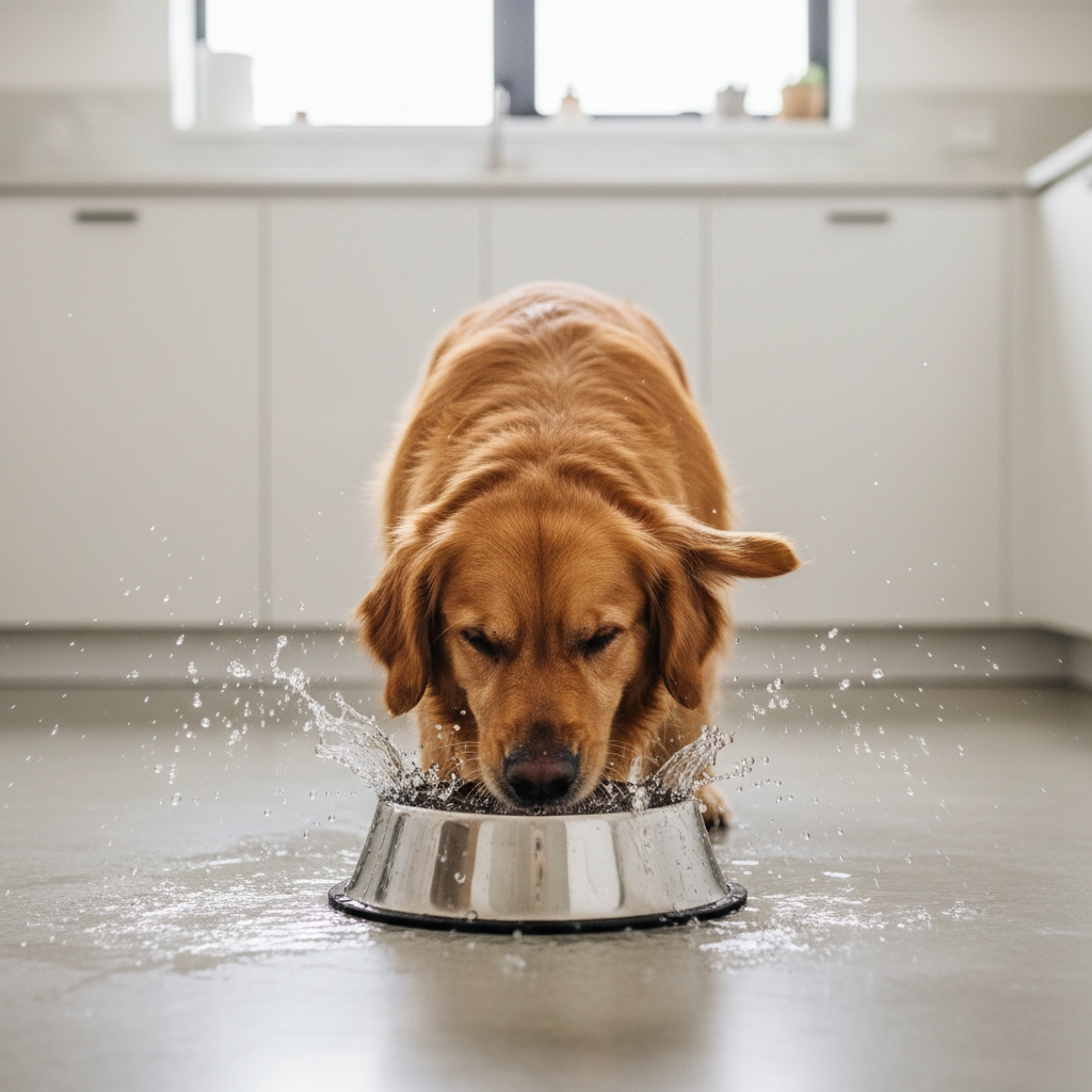 Messy eater dog making a splash at a water bowl on a kitchen floor