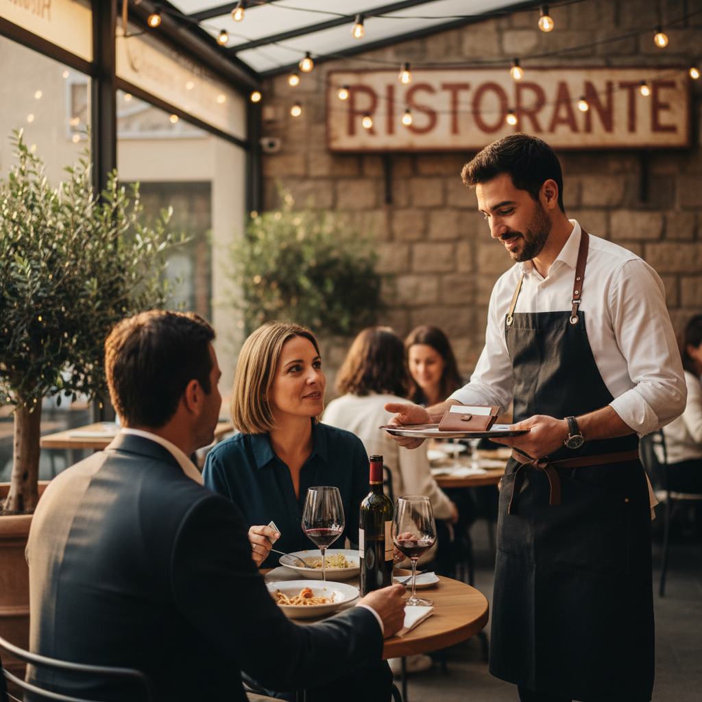 Server presenting the check at an Italian restaurant with relaxed dining atmosphere