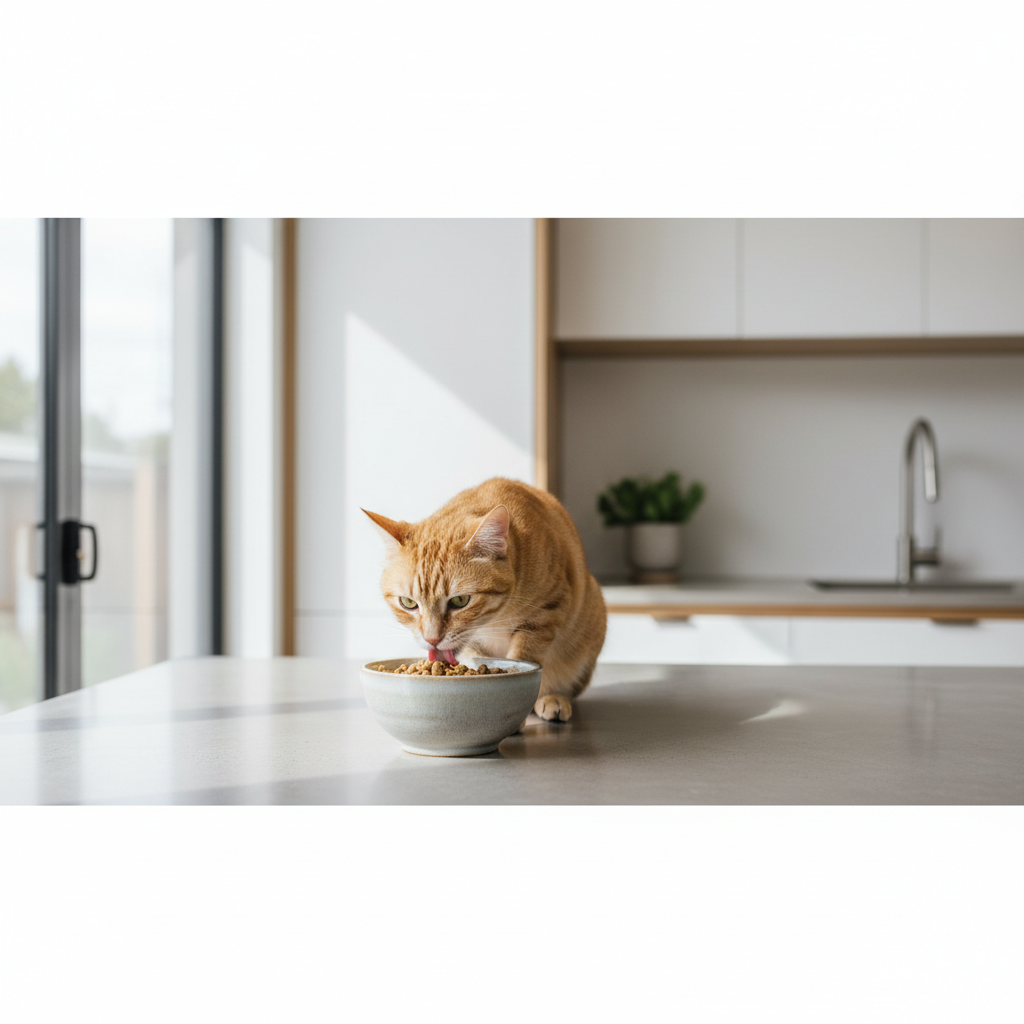 Indoor cat eating wet food from a bowl in a bright kitchen