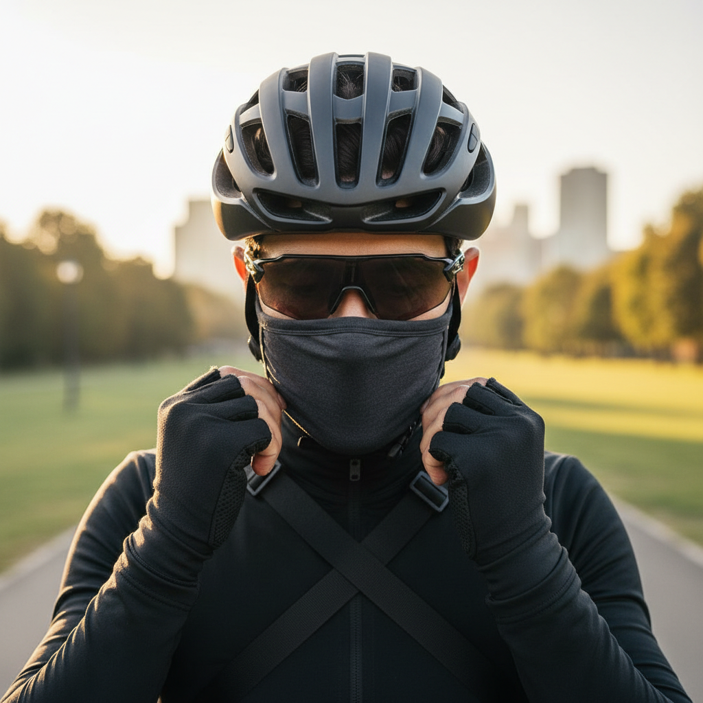 Cyclist adjusting face mask fit under helmet straps to prevent rubbing