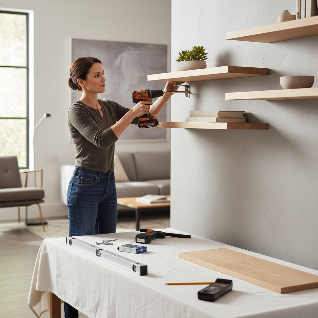 Homeowner using a cordless drill to install shelves in a modern home