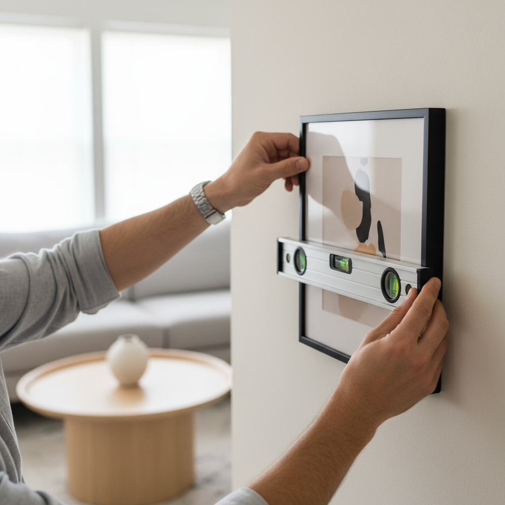 Homeowner using a small bubble level while hanging a picture frame on a living room wall