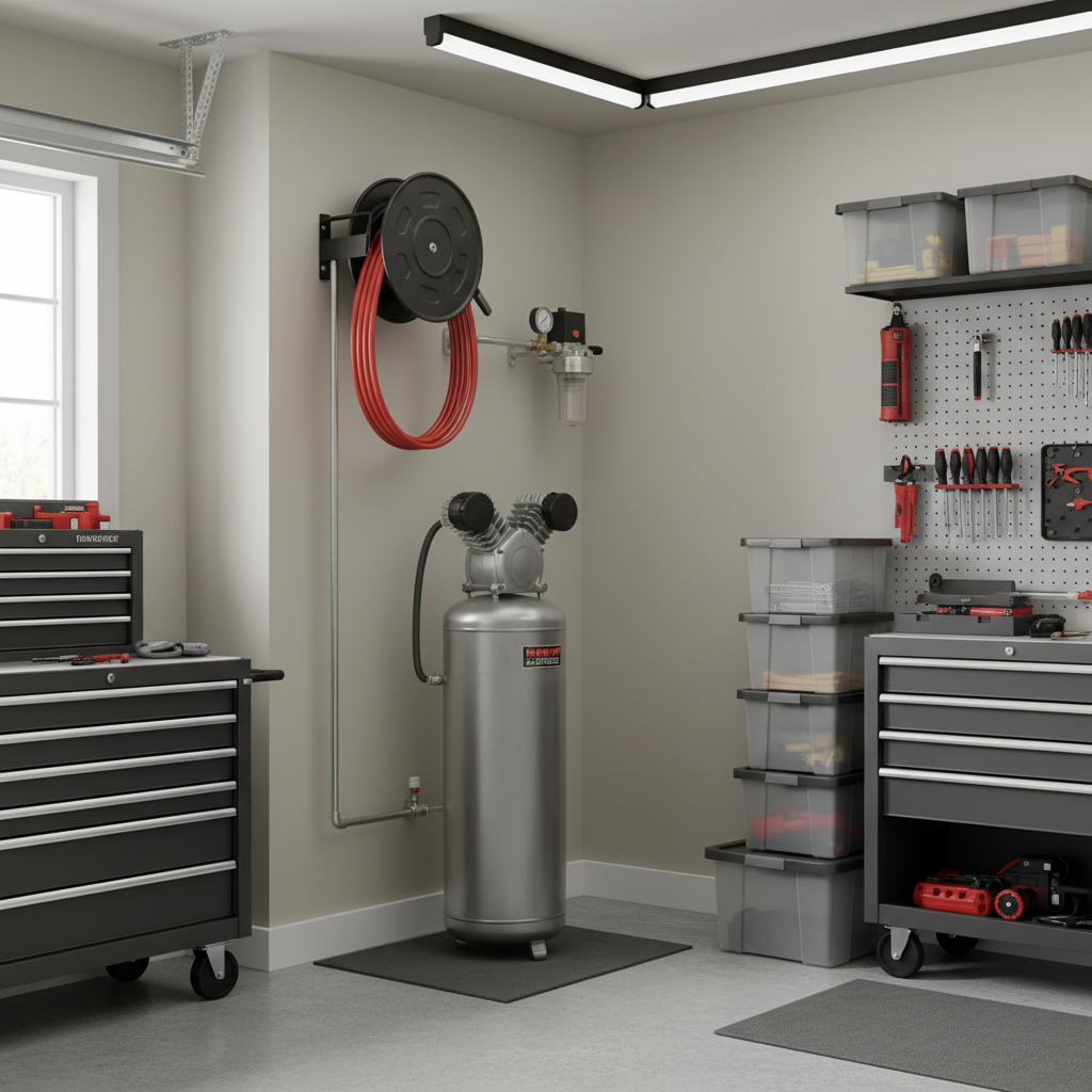 Stationary air compressor installed in a home garage with wall-mounted hose reel and regulator