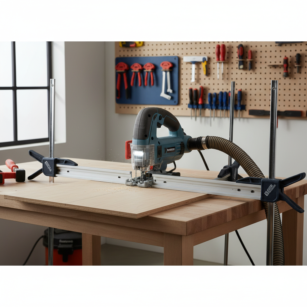 Jigsaw cutting a straight line with a clamp-on guide on a woodworking bench