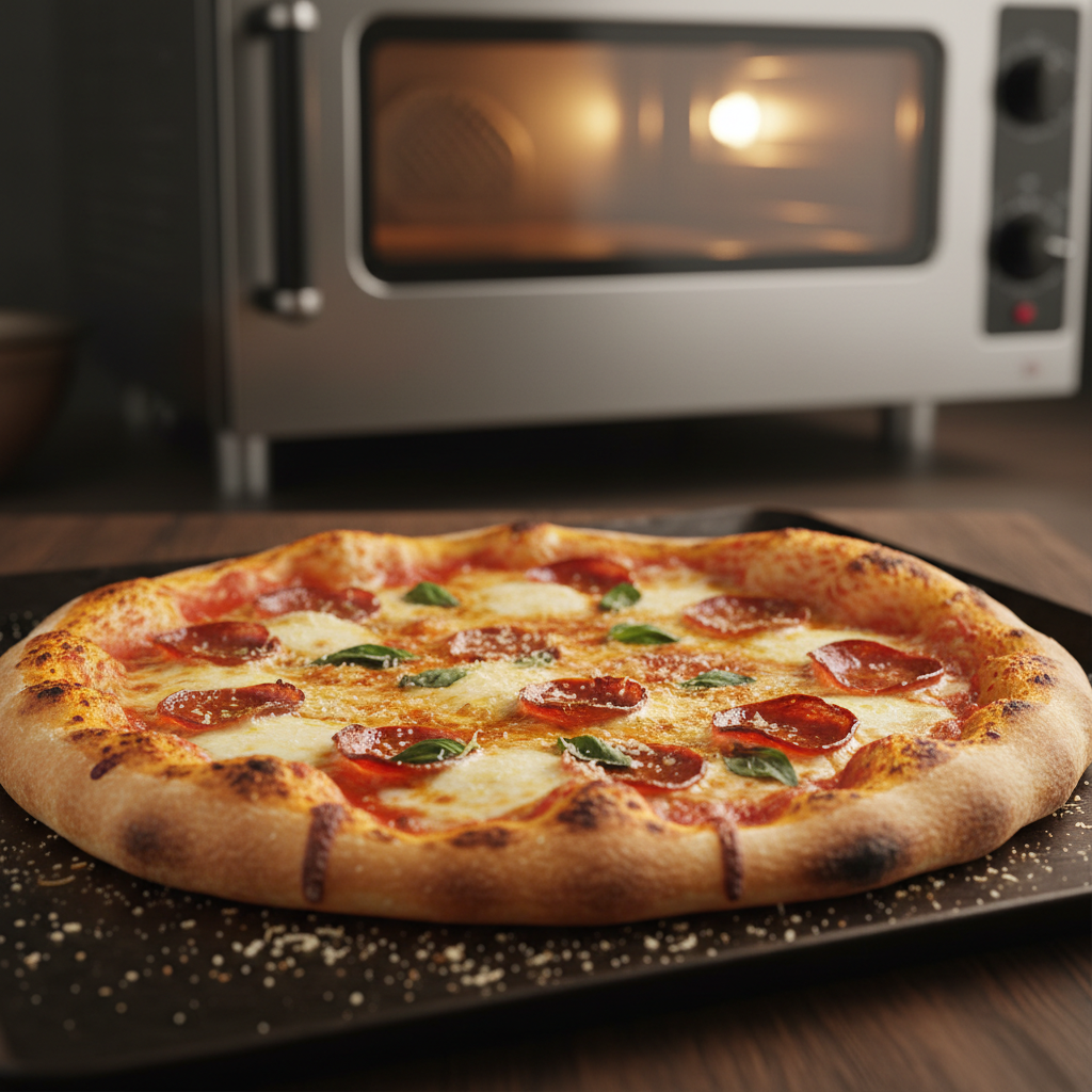 Freshly baked homemade pizza on a baking steel with bubbling cheese