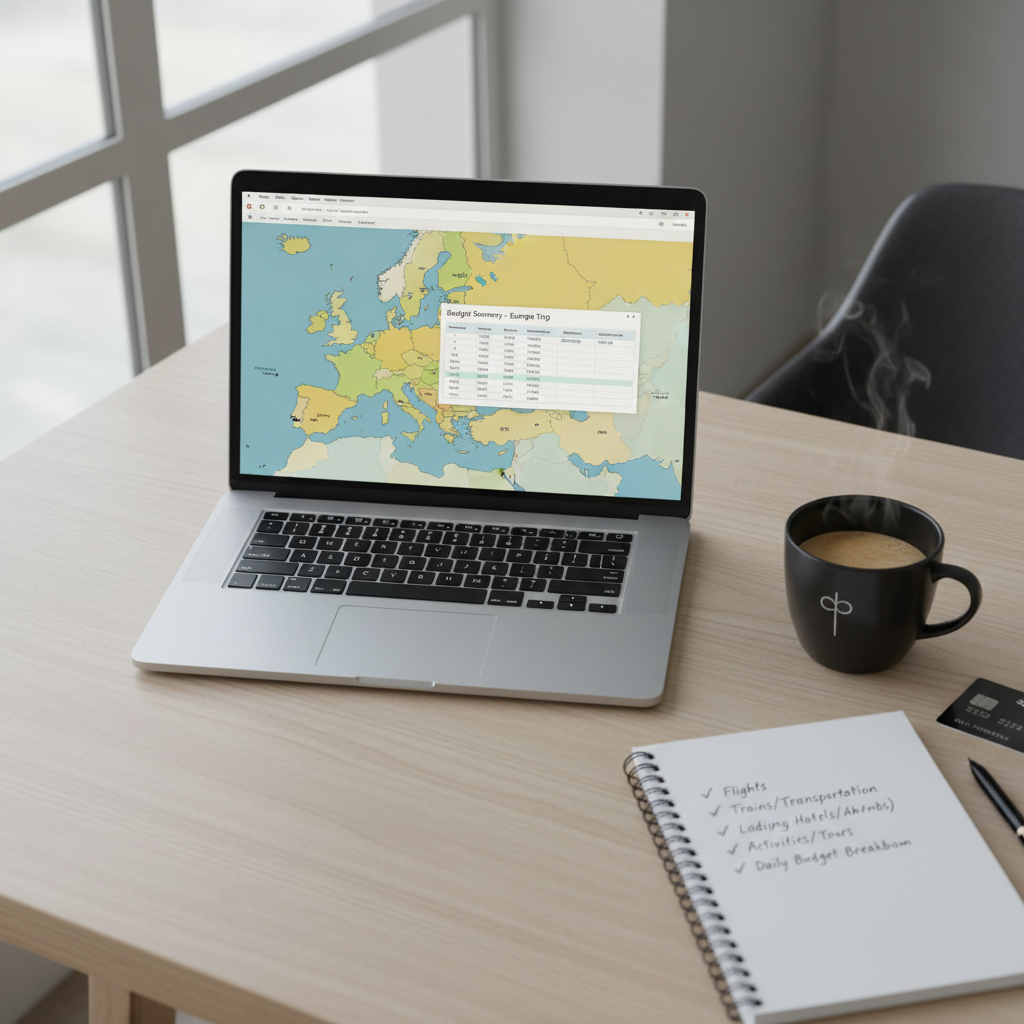 Budget Europe trip planning checklist on a laptop with map and notes