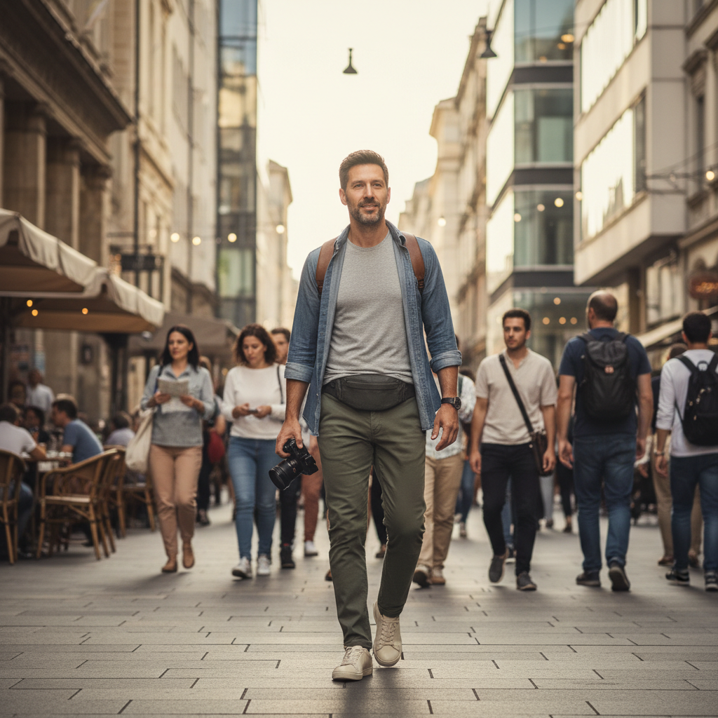 Man wearing a hidden travel belt under casual clothes while walking in a busy city