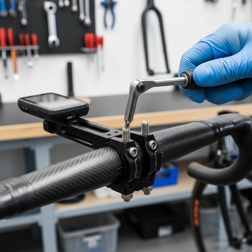 Close-up of handlebar extender clamp and torque tightening