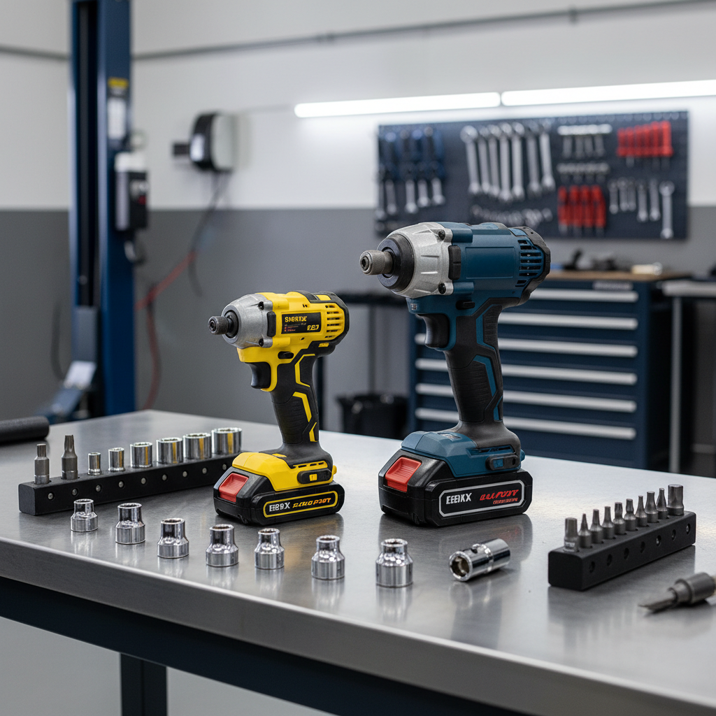 Comparison of compact and mid-torque impact drivers on a mechanic workbench