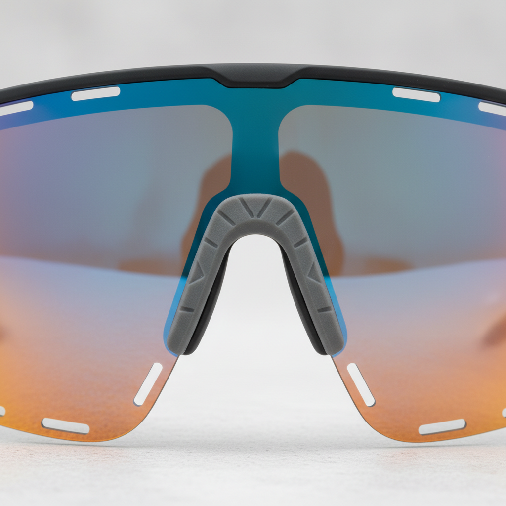 Close-up of cycling sunglasses nose pads and vented shield lens design